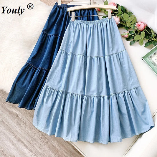Blue Wash Cotton Denim Skirt Women 2021 Casual Loose Denim A-Line Skirt Long Jean Skirt Wild Pleated Skirt Swing Long Jean Skirt