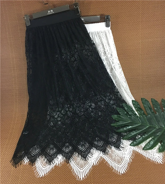 Women Sexy Mesh Lace Sheer Transparent Long Tulle Skirt Ladies Elastic High Waist Black White  Midi Skirt Overskirt Petticoat